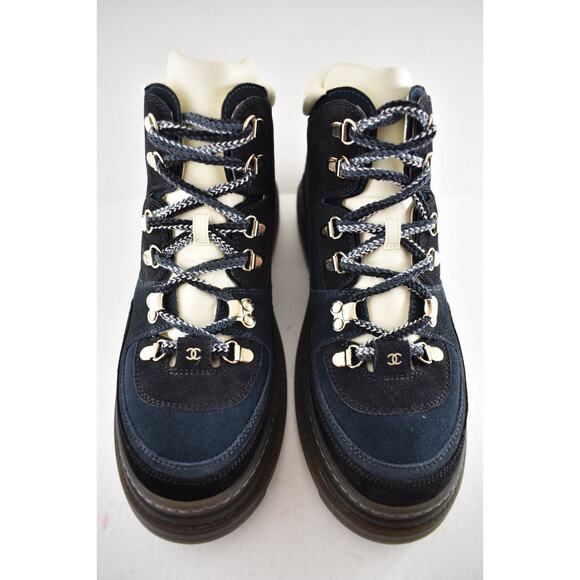 Chanel 23C Blue Black CC Combat Lace Up Tie Ankle Short Hiking Ski Snow Boots 42 - Picture 5 of 16